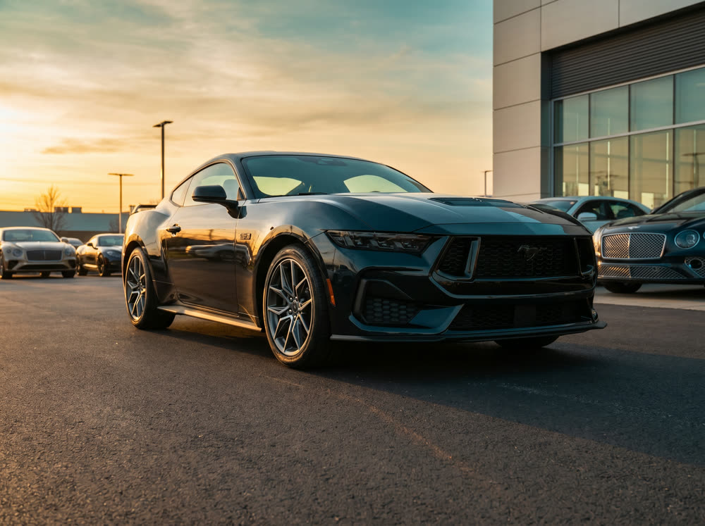 Front three-quarter view of a dark muscle car at a dealership lot during golden hour