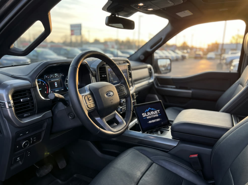 Truck interior and dashboard detail shot with warm lighting