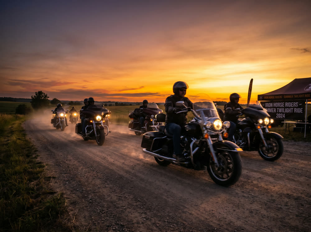 Group of motorcycles riding on a rural road at dusk with motion blur