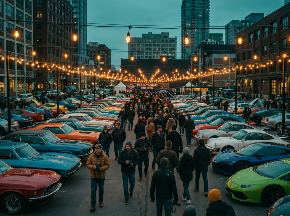 Wide shot of a car show event at dusk with string lights and a crowd of enthusiasts
