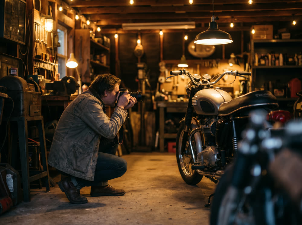 Photographer crouched low shooting a motorcycle in a garage with warm practical lighting
